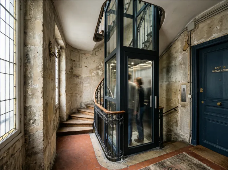 Installation d’un ascenseur privatif dans un immeuble ancien avec intégration dans l’existant.