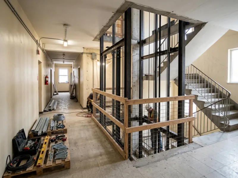 Travaux préparatoires pour l’installation d’un ascenseur dans un immeuble déjà construit.